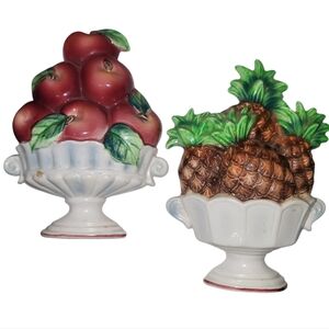 Vintage 1960s Set Of 2 Enesco Ceramic Wall Decor Basket Of Apples & Pineapples